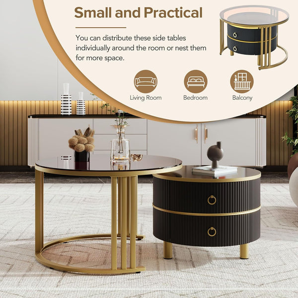 Round Nesting Coffee Table with Tempered Glass, Marble Top & Drawers
