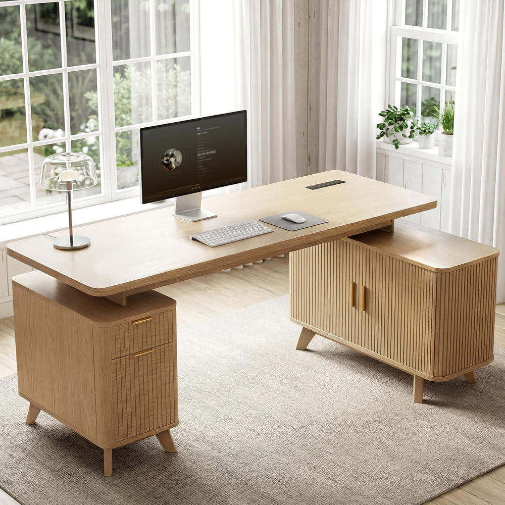 Farmhouse L Shaped Executive Desk with Drawers & Sliding Doors Fluted Storage Cabinet