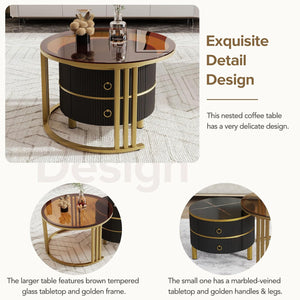 Round Nesting Coffee Table with Tempered Glass, Marble Top & Drawers