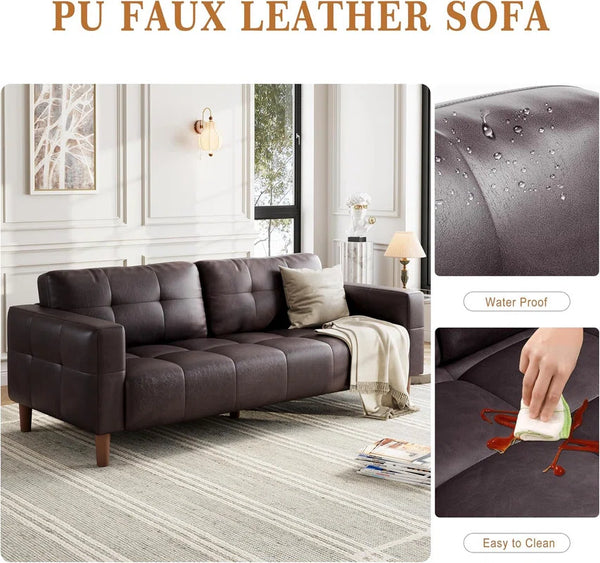 Hiring 3-Seater Faux Leather Sofa with Spring Cushion, Deep Seat Sofa for Living Room & Office