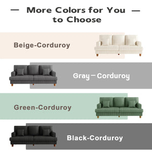 Corduroy Sofa with 3 Seats No Tool Assembly Solid Wood Frame and Solid Wood Legs