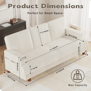 Corduroy Sofa with 3 Seats No Tool Assembly Solid Wood Frame and Solid Wood Legs