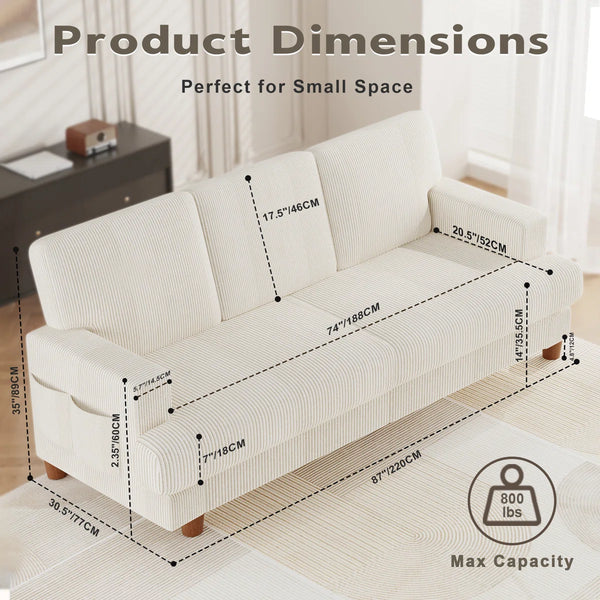 Corduroy Sofa with 3 Seats No Tool Assembly Solid Wood Frame and Solid Wood Legs