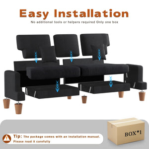 Corduroy Sofa with 3 Seats No Tool Assembly Solid Wood Frame and Solid Wood Legs