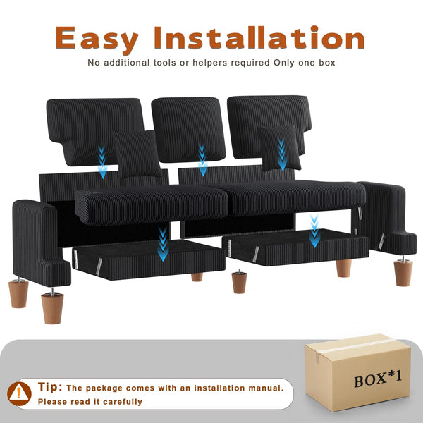 Corduroy Sofa with 3 Seats No Tool Assembly Solid Wood Frame and Solid Wood Legs