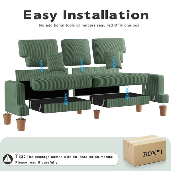 Corduroy Sofa with 3 Seats No Tool Assembly Solid Wood Frame and Solid Wood Legs