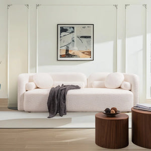 89" Modern Curved Upholstered Boucle Sofa, 3-seater With 6 Pillows  Wooden Bazar