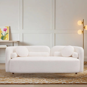 89" Modern Curved Upholstered Boucle Sofa, 3-seater With 6 Pillows  Wooden Bazar