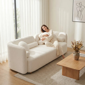 89" Modern Curved Upholstered Boucle Sofa, 3-seater With 6 Pillows  Wooden Bazar