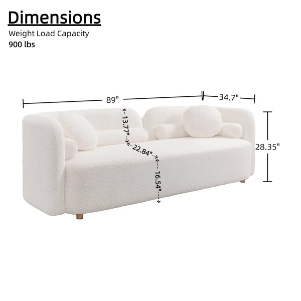 89" Modern Curved Upholstered Boucle Sofa, 3-seater With 6 Pillows  Wooden Bazar