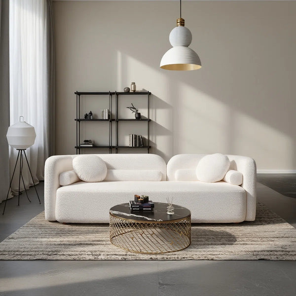 89" Modern Curved Upholstered Boucle Sofa, 3-seater With 6 Pillows  Wooden Bazar