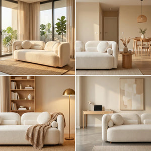 89" Modern Curved Upholstered Boucle Sofa, 3-seater With 6 Pillows  Wooden Bazar