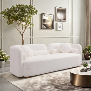 89" Modern Curved Upholstered Boucle Sofa, 3-seater With 6 Pillows  Wooden Bazar