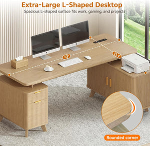 Farmhouse L Shaped Executive Desk with Drawers & Sliding Doors Fluted Storage Cabinet