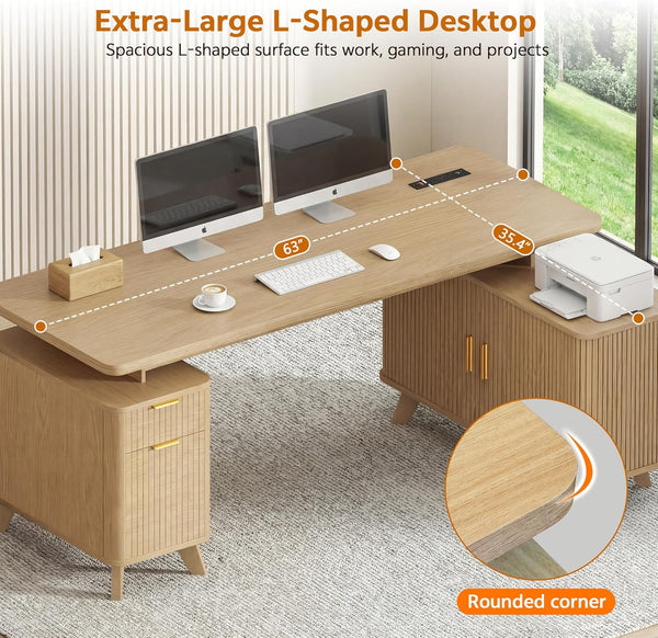 Farmhouse L Shaped Executive Desk with Drawers & Sliding Doors Fluted Storage Cabinet