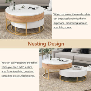 Modern Lift-Top Nesting Coffee Table with Drawers Hidden Compartment Adjustable Storage Shelf, Furniture for Living Room, White/Natural