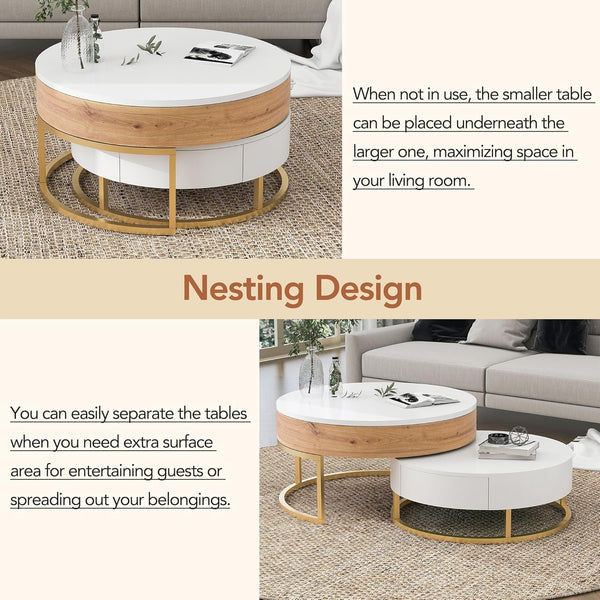 Modern Lift-Top Nesting Coffee Table with Drawers Hidden Compartment Adjustable Storage Shelf, Furniture for Living Room, White/Natural