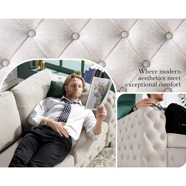 Newwing Modern Button Tufted 3-Seater Sofa With Wide Armrests