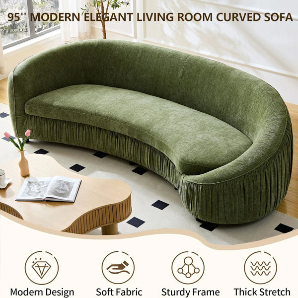 92" Mid Century Modern Curved Living Room Sofa, 4-Seat Polyester Fabric Couch  Wooden Bazar