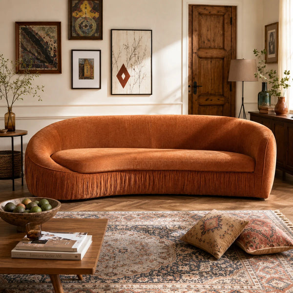 Mid Century Modern Curved Living Room Sofa, 4-Seat Polyester Fabric Couch
