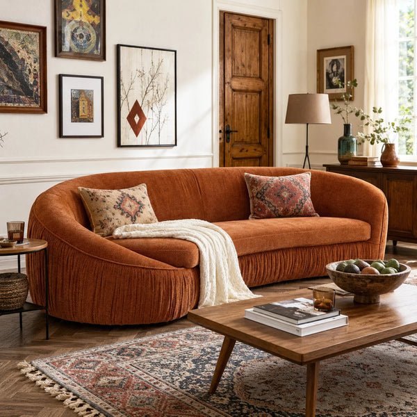Mid Century Modern Curved Living Room Sofa, 4-Seat Polyester Fabric Couch