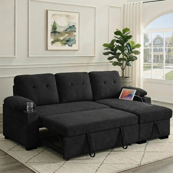 95" Sleeper Sectional Sofa with Pull-Out Bed, Convertible L-Shaped Couch with Reversible Storage Chaise, USB Ports, Cup Holders & Side Table for Living Room, Apartment  Wooden Bazar