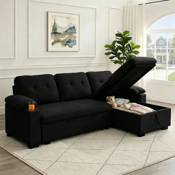 95" Sleeper Sectional Sofa with Pull-Out Bed, Convertible L-Shaped Couch with Reversible Storage Chaise, USB Ports, Cup Holders & Side Table for Living Room, Apartment  Wooden Bazar