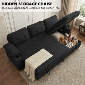 95" Sleeper Sectional Sofa with Pull-Out Bed, Convertible L-Shaped Couch with Reversible Storage Chaise, USB Ports, Cup Holders & Side Table for Living Room, Apartment  Wooden Bazar