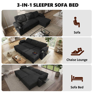 95" Sleeper Sectional Sofa with Pull-Out Bed, Convertible L-Shaped Couch with Reversible Storage Chaise, USB Ports, Cup Holders & Side Table for Living Room, Apartment  Wooden Bazar