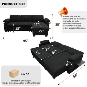 95" Sleeper Sectional Sofa with Pull-Out Bed, Convertible L-Shaped Couch with Reversible Storage Chaise, USB Ports, Cup Holders & Side Table for Living Room, Apartment  Wooden Bazar