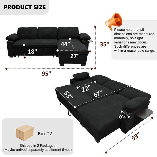 95" Sleeper Sectional Sofa with Pull-Out Bed, Convertible L-Shaped Couch with Reversible Storage Chaise, USB Ports, Cup Holders & Side Table for Living Room, Apartment  Wooden Bazar