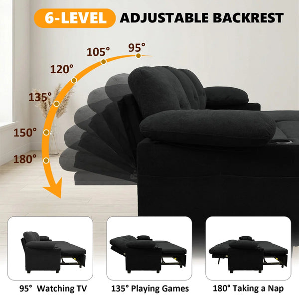 95" Sleeper Sectional Sofa with Pull-Out Bed, Convertible L-Shaped Couch with Reversible Storage Chaise, USB Ports, Cup Holders & Side Table for Living Room, Apartment  Wooden Bazar