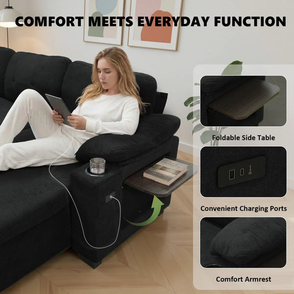 95" Sleeper Sectional Sofa with Pull-Out Bed, Convertible L-Shaped Couch with Reversible Storage Chaise, USB Ports, Cup Holders & Side Table for Living Room, Apartment  Wooden Bazar