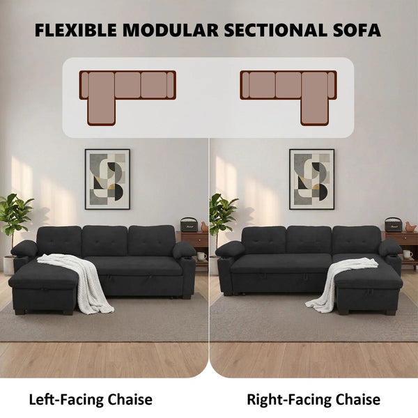95" Sleeper Sectional Sofa with Pull-Out Bed, Convertible L-Shaped Couch with Reversible Storage Chaise, USB Ports, Cup Holders & Side Table for Living Room, Apartment  Wooden Bazar