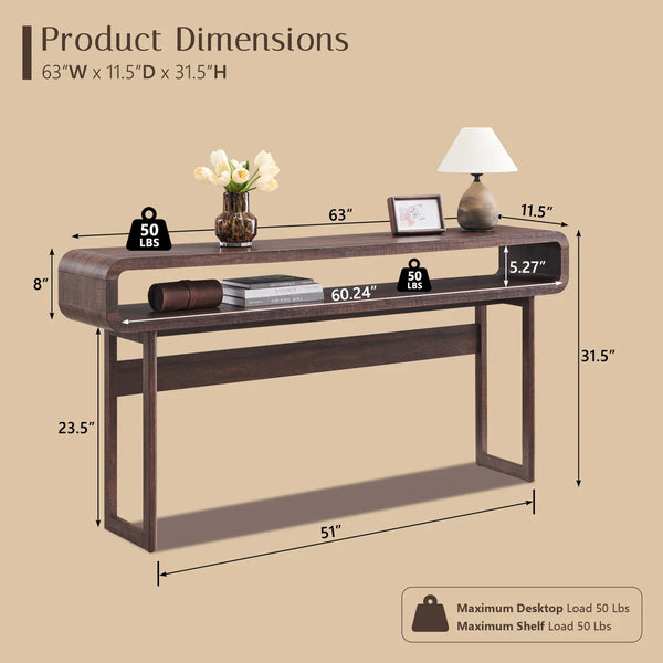 Modern Long Console Table with Open Storage Shelf Tall Curved Wood Sofa Table for Entryway & Living Room  Wooden Bazar
