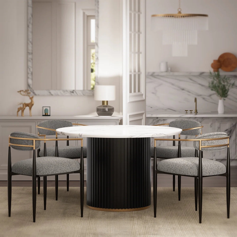 Modern Faux Marble Dining Set With 47" Round Table And 4 Bouclé Armchairs