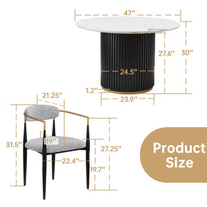Modern Faux Marble Dining Set With 47" Round Table And 4 Bouclé Armchairs