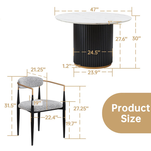 Modern Faux Marble Dining Set With 47" Round Table And 4 Bouclé Armchairs