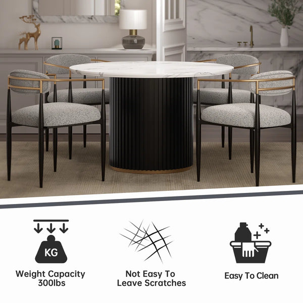 Modern Faux Marble Dining Set With 47" Round Table And 4 Bouclé Armchairs
