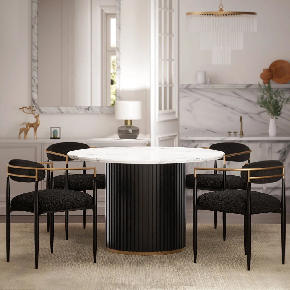Modern Faux Marble Dining Set With 47" Round Table And 4 Bouclé Armchairs