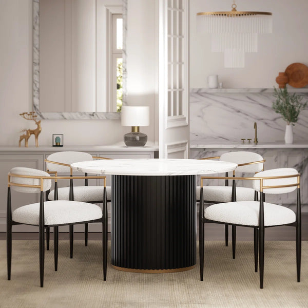 Modern Faux Marble Dining Set With 47" Round Table And 4 Bouclé Armchairs