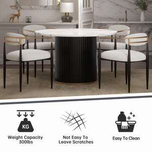 Modern Faux Marble Dining Set With 47" Round Table And 4 Bouclé Armchairs