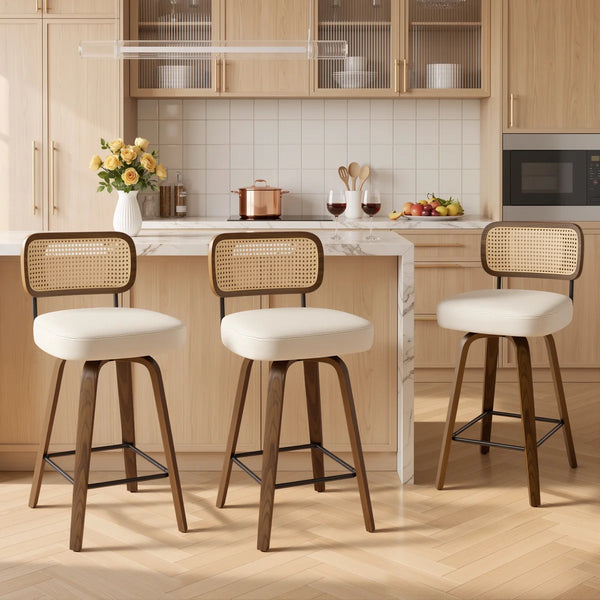 Adianey Swivel Upholstered Counter & Bar Stools with Rattan Back (Set of 3)  Wooden Bazar