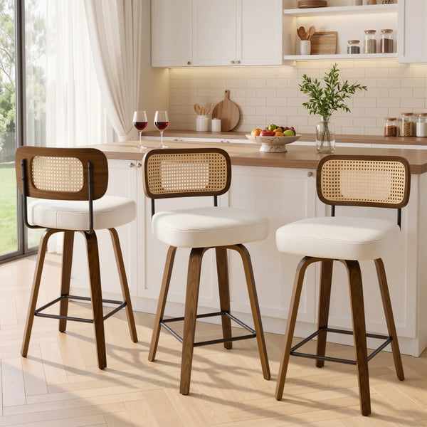 Adianey Swivel Upholstered Counter & Bar Stools with Rattan Back (Set of 3)  Wooden Bazar