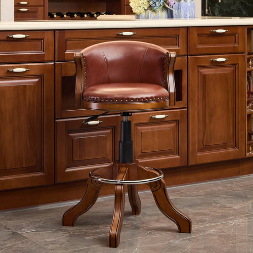 Adjustable Swivel Bar Stool in Genuine Leather with Solid Wood Frame  Wooden Bazar