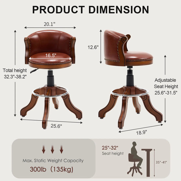 Adjustable Swivel Bar Stool in Genuine Leather with Solid Wood Frame  Wooden Bazar