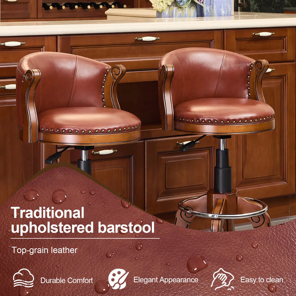 Adjustable Swivel Bar Stool in Genuine Leather with Solid Wood Frame  Wooden Bazar
