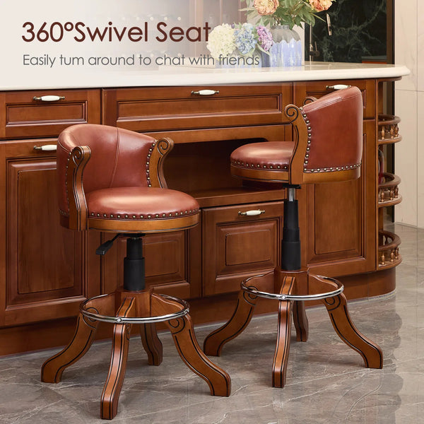 Adjustable Swivel Bar Stool in Genuine Leather with Solid Wood Frame  Wooden Bazar