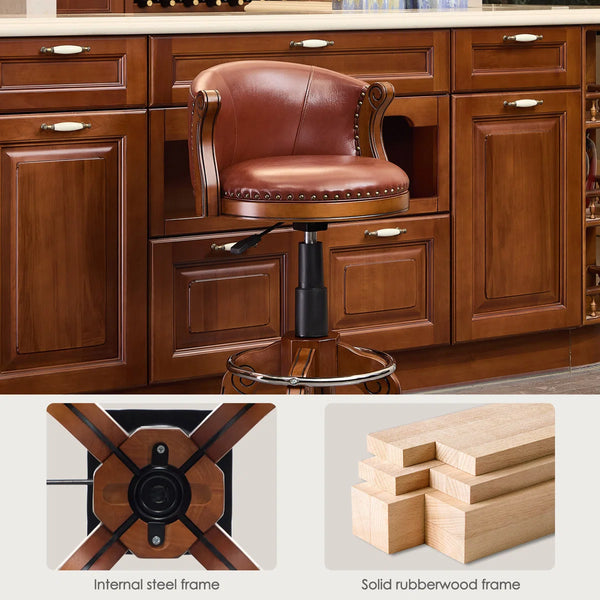 Adjustable Swivel Bar Stool in Genuine Leather with Solid Wood Frame  Wooden Bazar