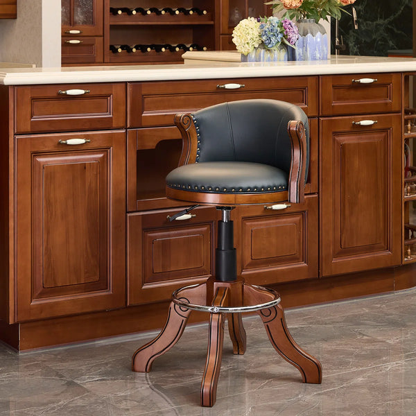 Adjustable Swivel Bar Stool in Genuine Leather with Solid Wood Frame  Wooden Bazar